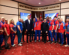 Министр спорта РФ М.В. Дегтярев, Губернатор Московской области А.Ю. Воробьев, президент ПКР П.А. Рожков встретились с подмосковной командой по итогам выступления на зимнем Кубке Защитников Отечества